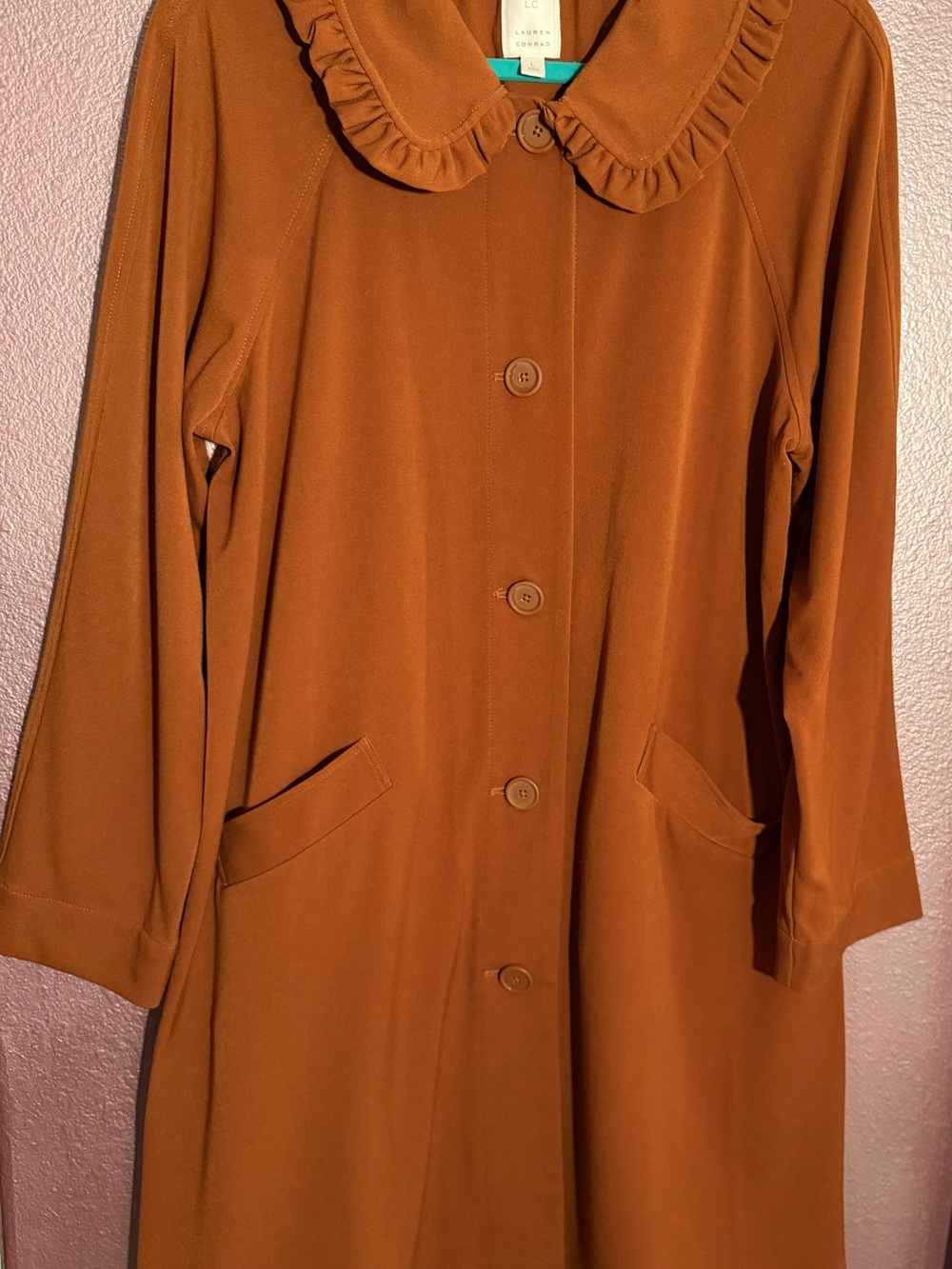 LC Lauren Conrad Rust Ruffle-Collar Trench Coat
